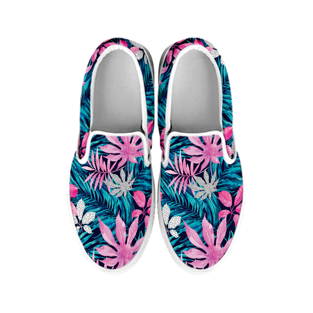 Blue And Pink Watercolor Hawaiian Print White Slip On Shoes