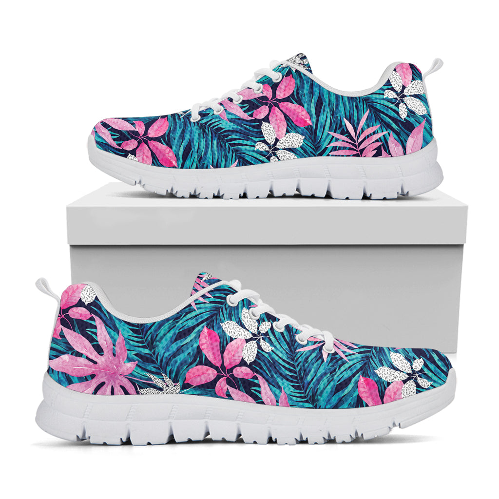 Blue And Pink Watercolor Hawaiian Print White Sneakers