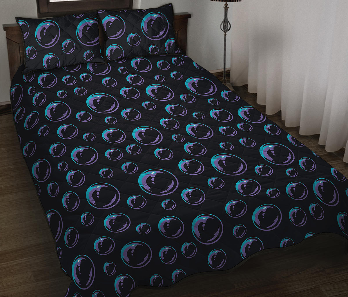 Blue And Purple Bubble Pattern Print Quilt Bed Set