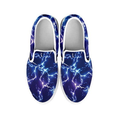 Blue And Purple Lightning Print White Slip On Shoes