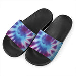 Blue And Purple Spiral Tie Dye Print Black Slide Sandals