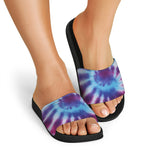 Blue And Purple Spiral Tie Dye Print Black Slide Sandals