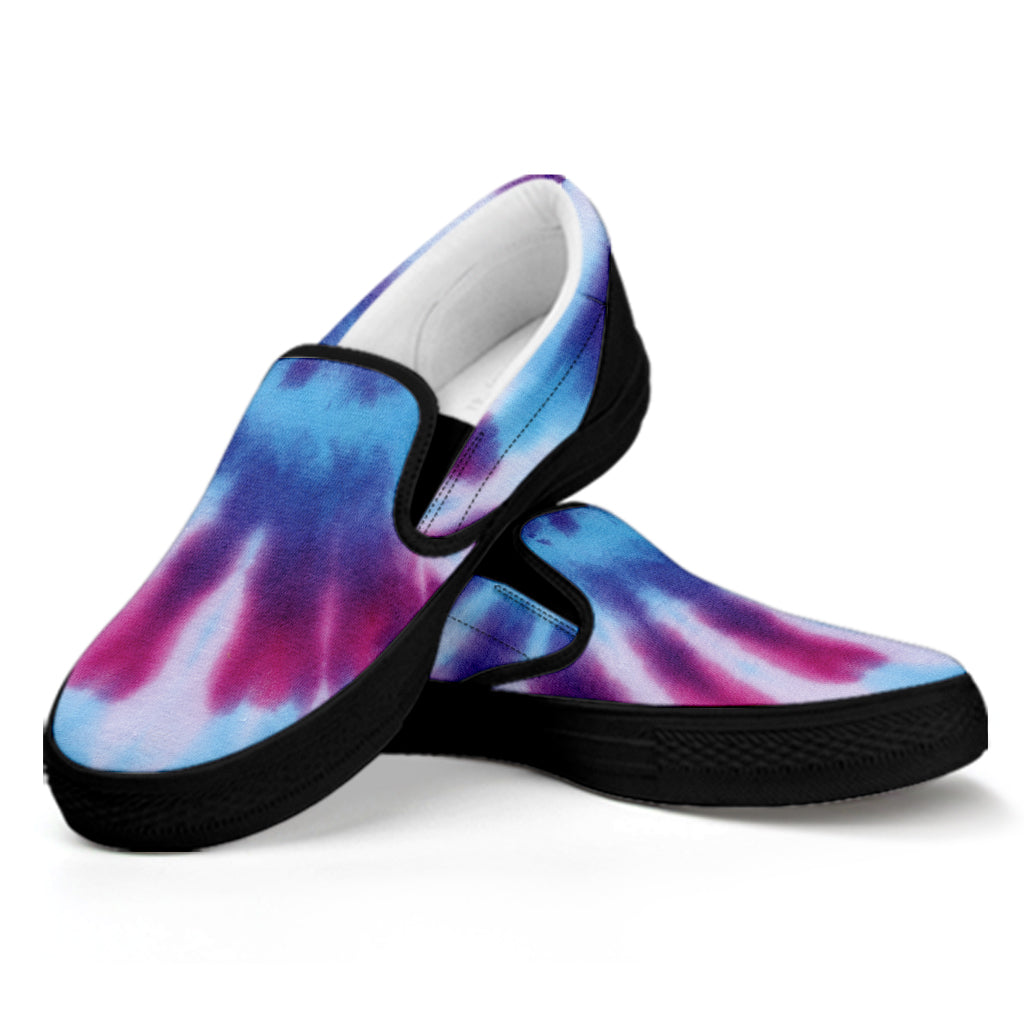 Blue And Purple Spiral Tie Dye Print Black Slip On Shoes