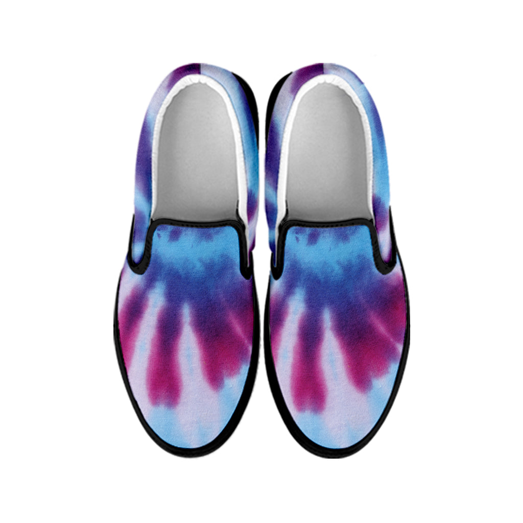 Blue And Purple Spiral Tie Dye Print Black Slip On Shoes