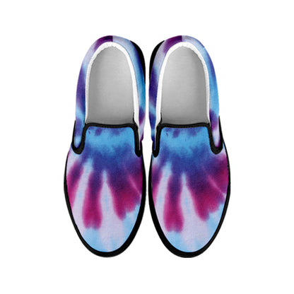 Blue And Purple Spiral Tie Dye Print Black Slip On Shoes