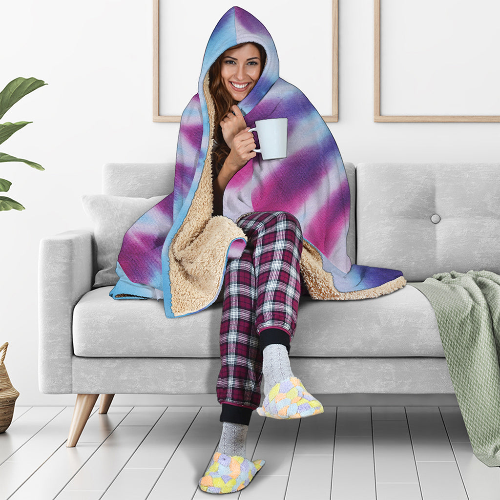 Blue And Purple Spiral Tie Dye Print Hooded Blanket