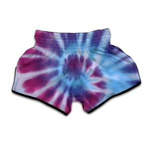 Blue And Purple Spiral Tie Dye Print Muay Thai Boxing Shorts