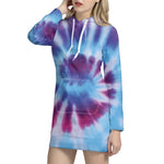 Blue And Purple Spiral Tie Dye Print Pullover Hoodie Dress