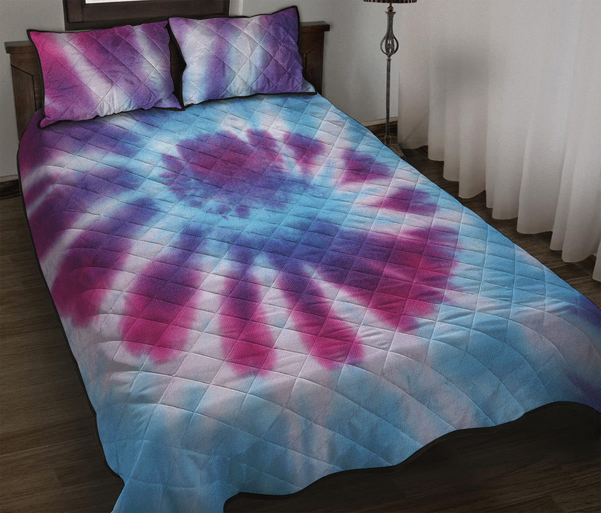 Blue And Purple Spiral Tie Dye Print Quilt Bed Set