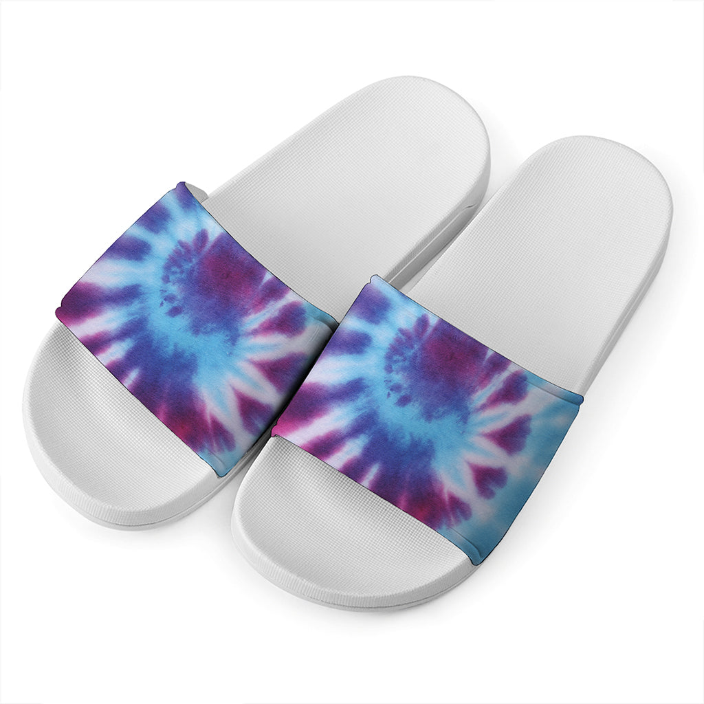 Blue And Purple Spiral Tie Dye Print White Slide Sandals