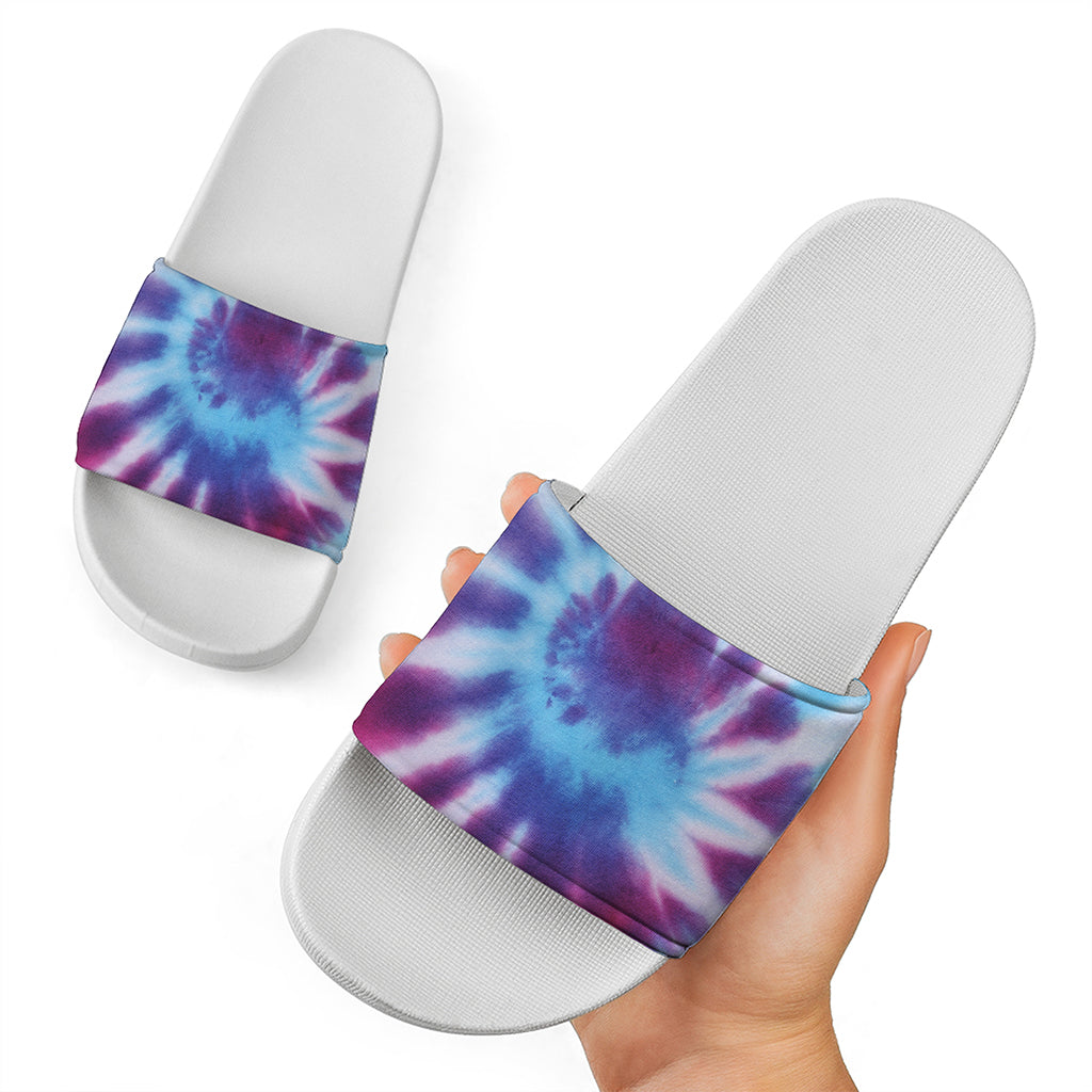 Blue And Purple Spiral Tie Dye Print White Slide Sandals