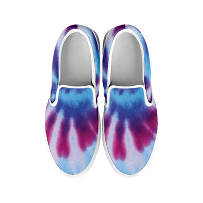 Blue And Purple Spiral Tie Dye Print White Slip On Shoes