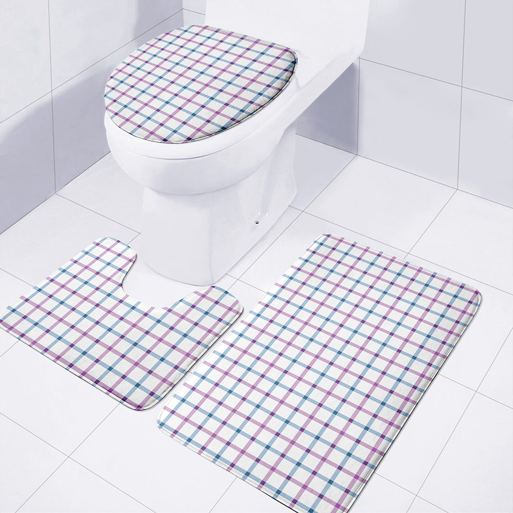 Blue And Purple Tattersall Pattern Print 3 Piece Bath Mat Set