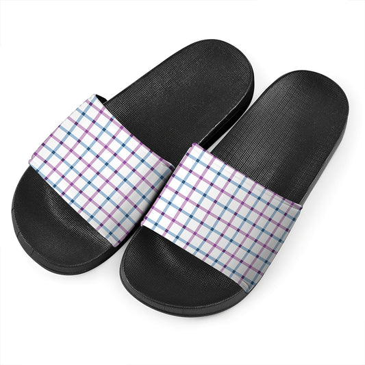 Blue And Purple Tattersall Pattern Print Black Slide Sandals