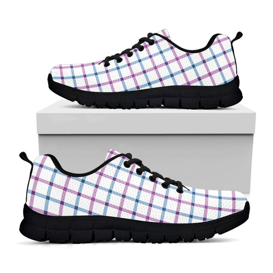 Blue And Purple Tattersall Pattern Print Black Sneakers