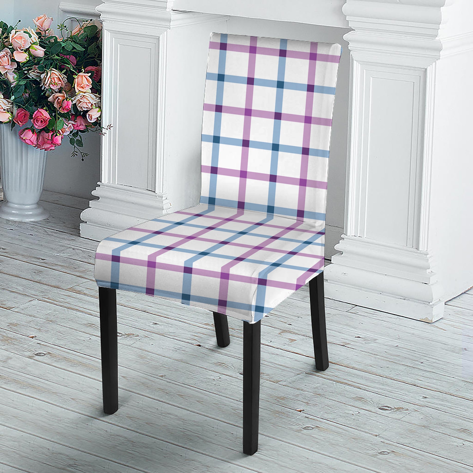 Blue And Purple Tattersall Pattern Print Dining Chair Slipcover