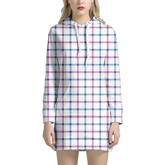 Blue And Purple Tattersall Pattern Print Hoodie Dress