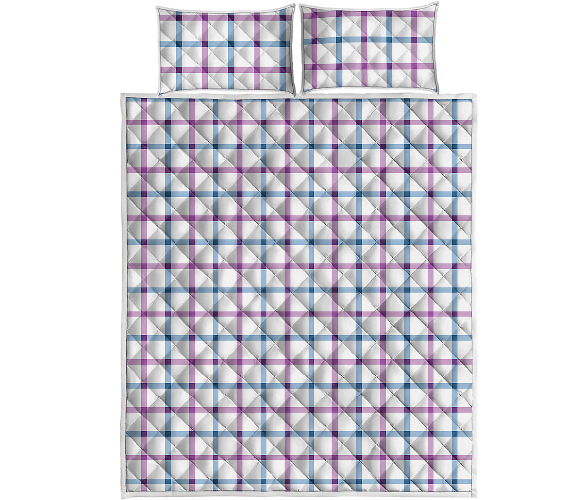Blue And Purple Tattersall Pattern Print Quilt Bed Set