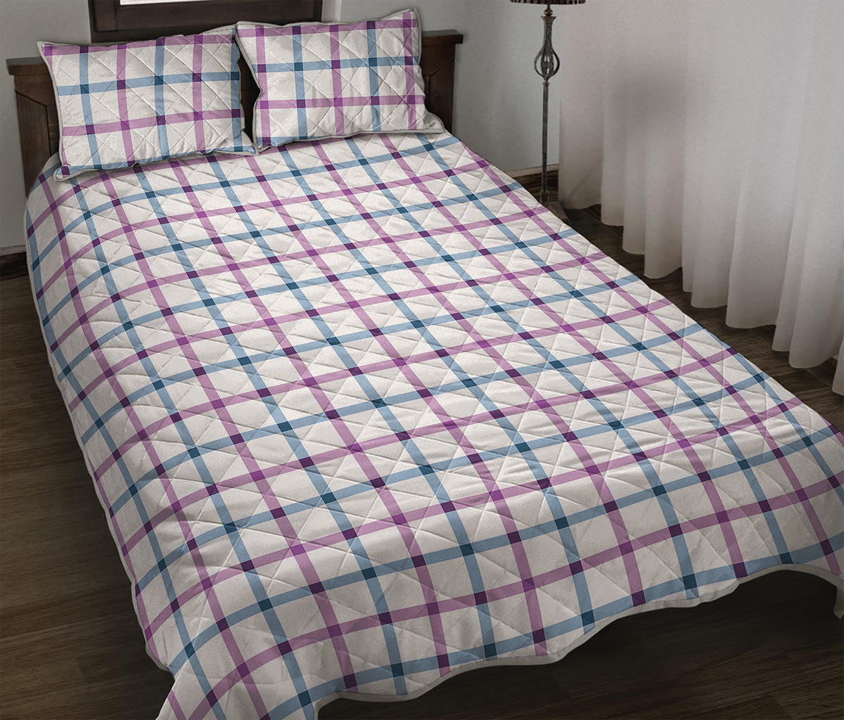 Blue And Purple Tattersall Pattern Print Quilt Bed Set