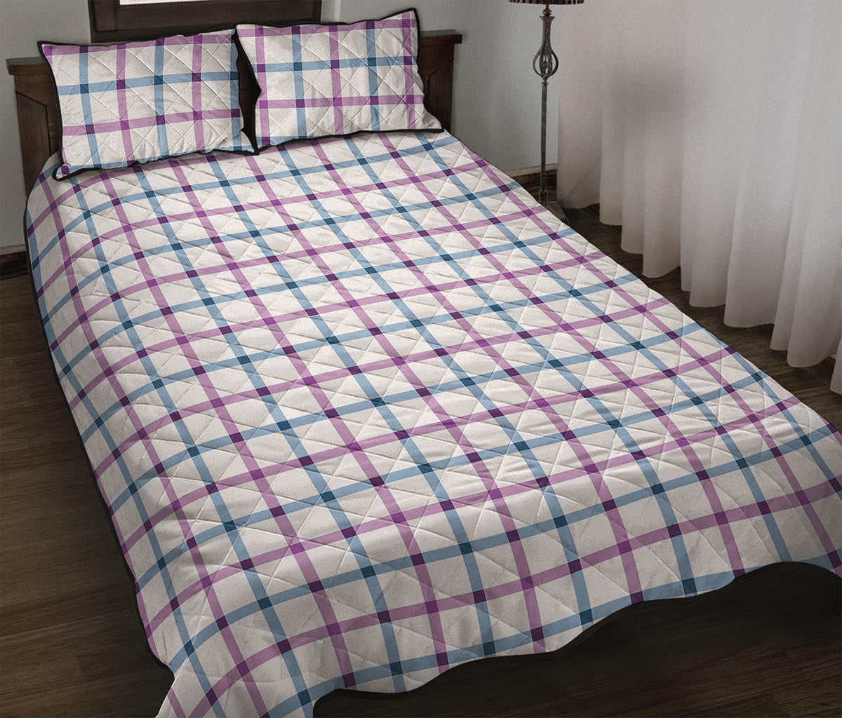 Blue And Purple Tattersall Pattern Print Quilt Bed Set