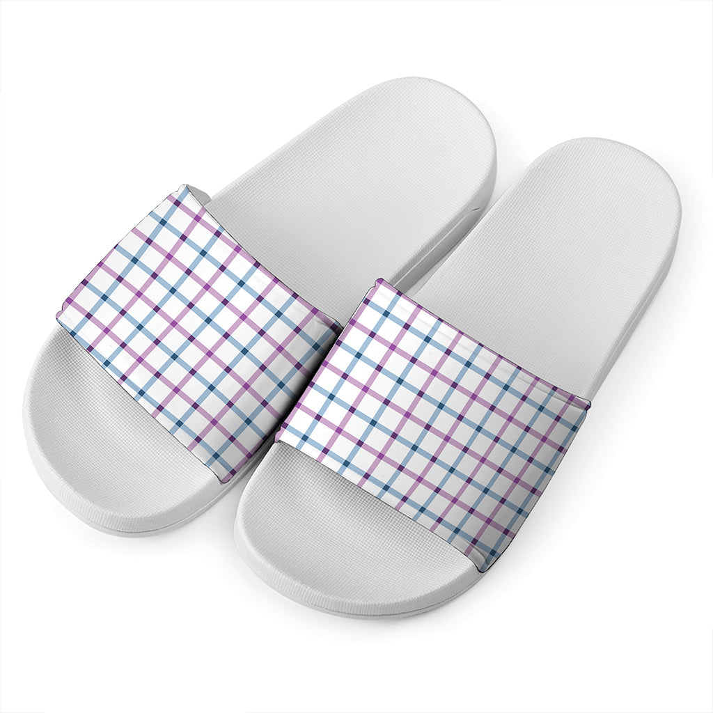 Blue And Purple Tattersall Pattern Print White Slide Sandals