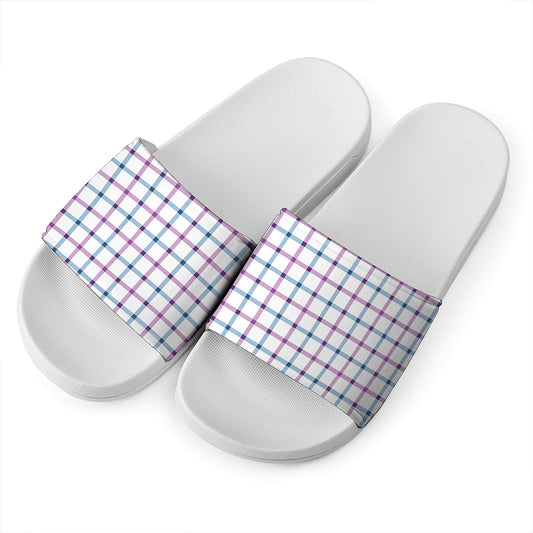 Blue And Purple Tattersall Pattern Print White Slide Sandals