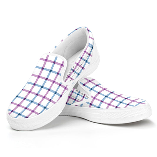 Blue And Purple Tattersall Pattern Print White Slip On Shoes
