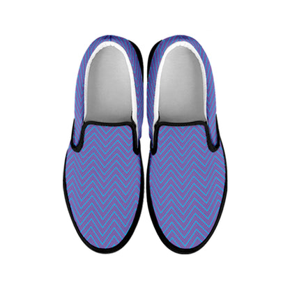 Blue And Purple Zigzag Pattern Print Black Slip On Shoes