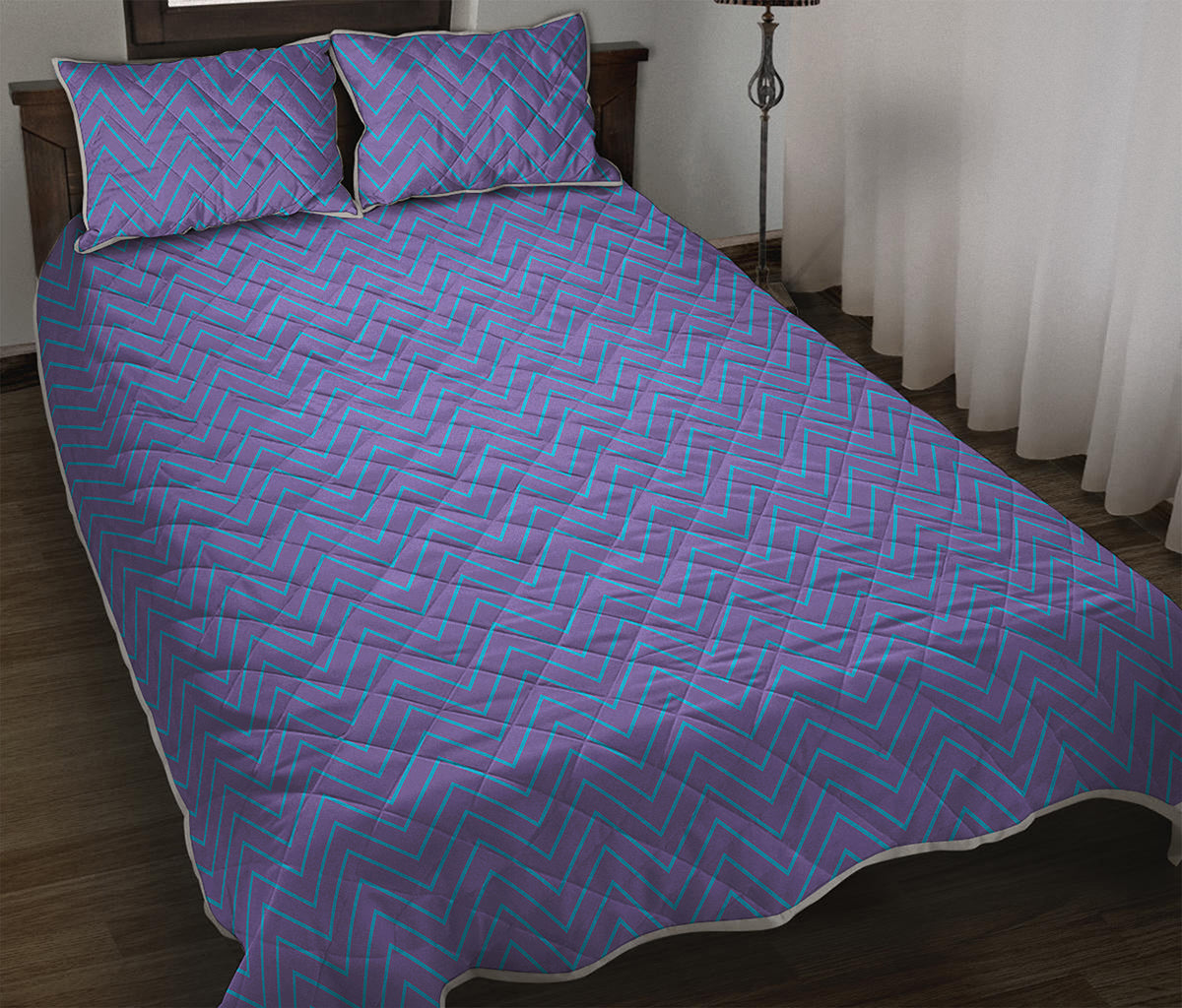 Blue And Purple Zigzag Pattern Print Quilt Bed Set