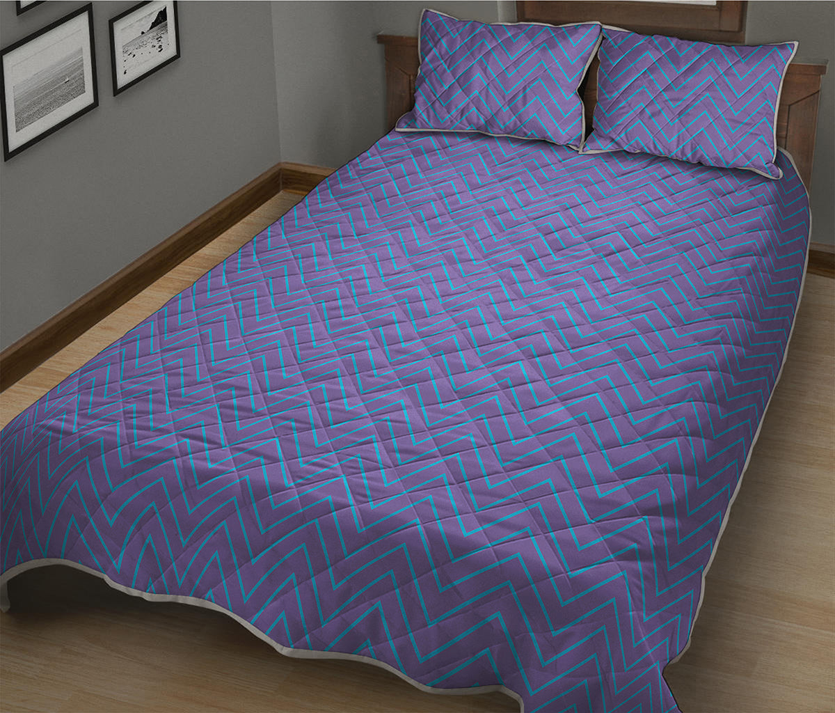 Blue And Purple Zigzag Pattern Print Quilt Bed Set