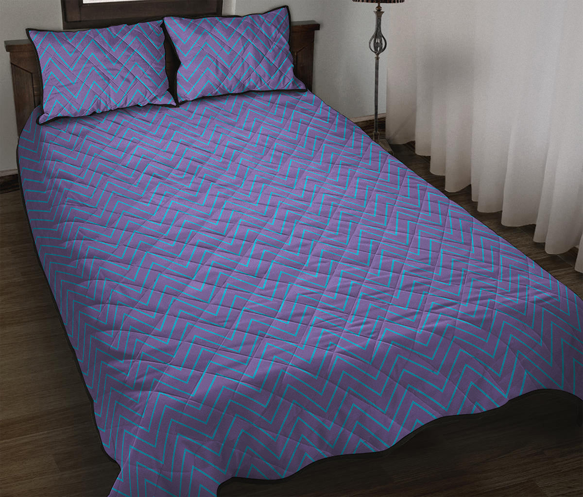 Blue And Purple Zigzag Pattern Print Quilt Bed Set