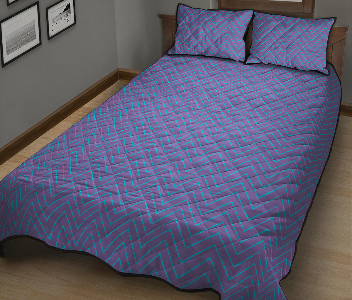 Blue And Purple Zigzag Pattern Print Quilt Bed Set
