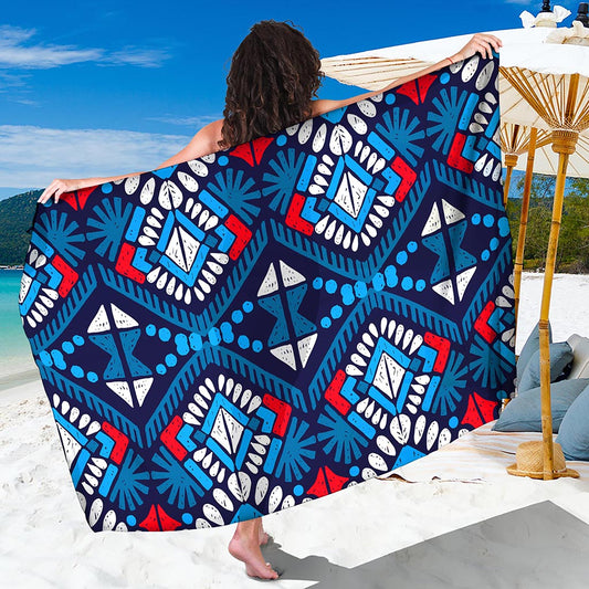 Blue And Red Aztec Pattern Print Beach Sarong Wrap