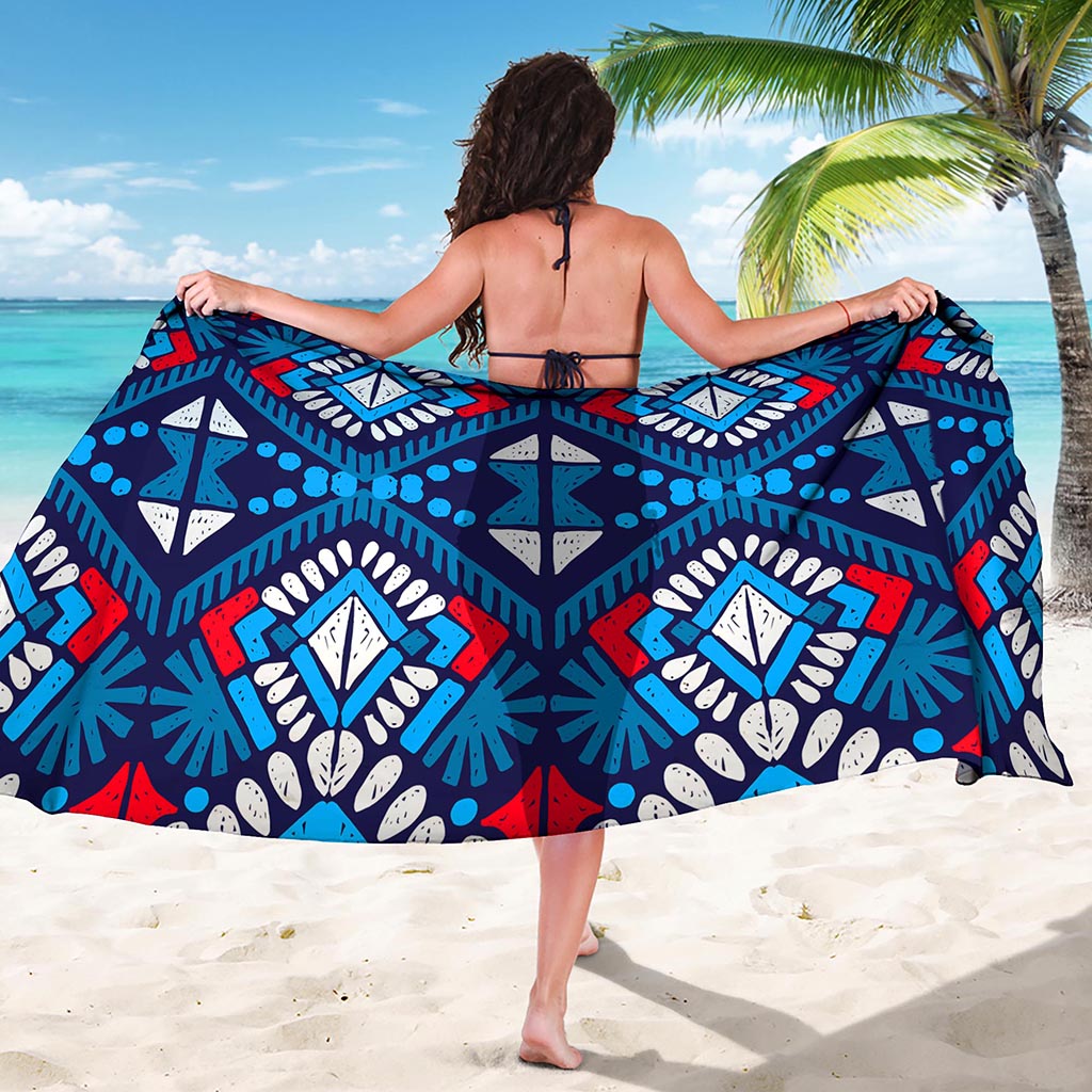 Blue And Red Aztec Pattern Print Beach Sarong Wrap