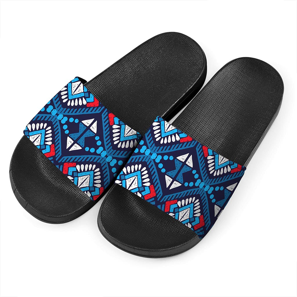 Blue And Red Aztec Pattern Print Black Slide Sandals