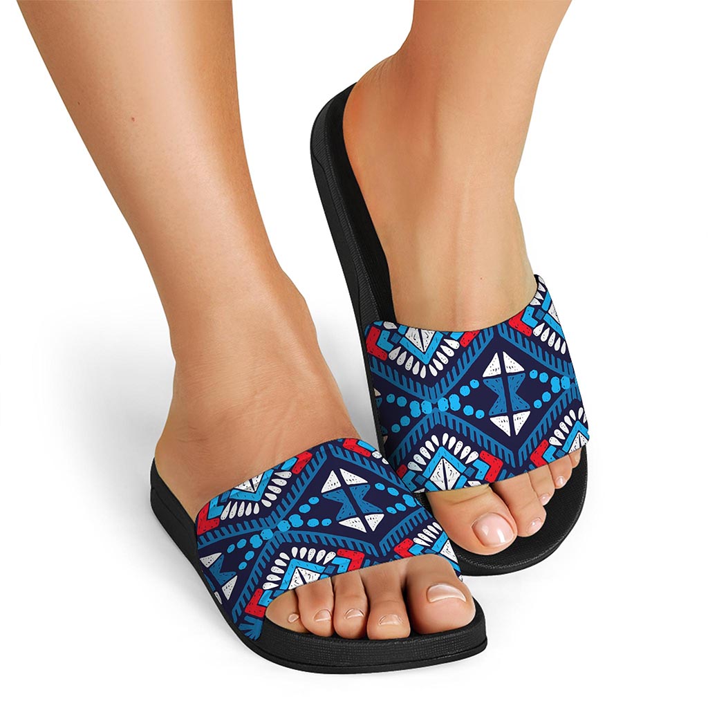 Blue And Red Aztec Pattern Print Black Slide Sandals