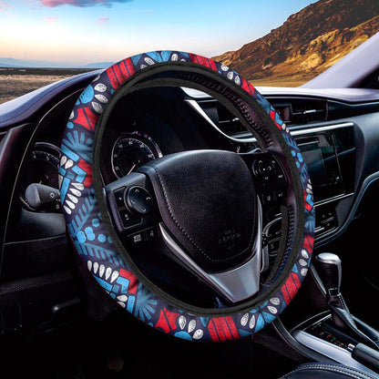 Blue And Red Aztec Pattern Print Car Steering Wheel Cover