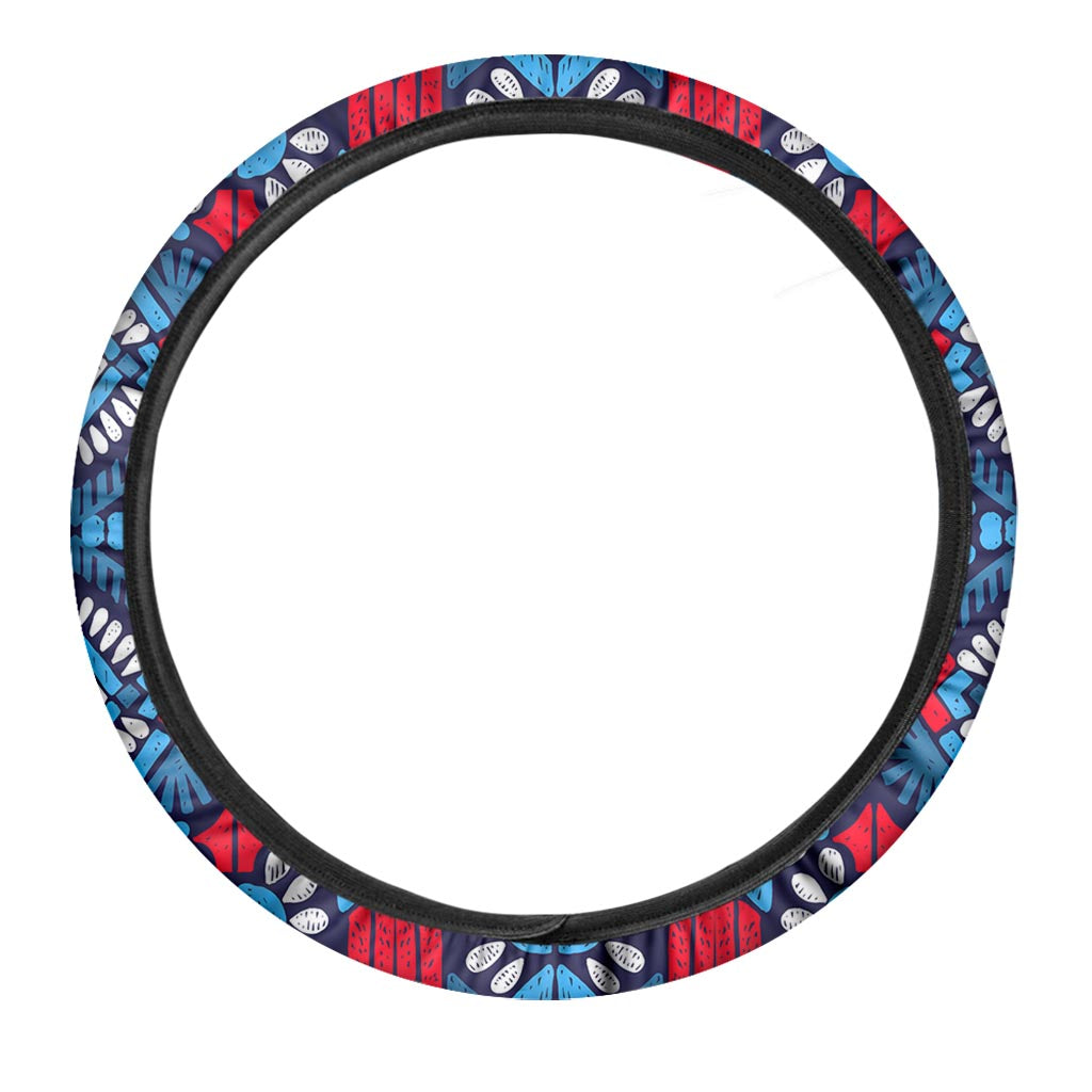 Blue And Red Aztec Pattern Print Car Steering Wheel Cover