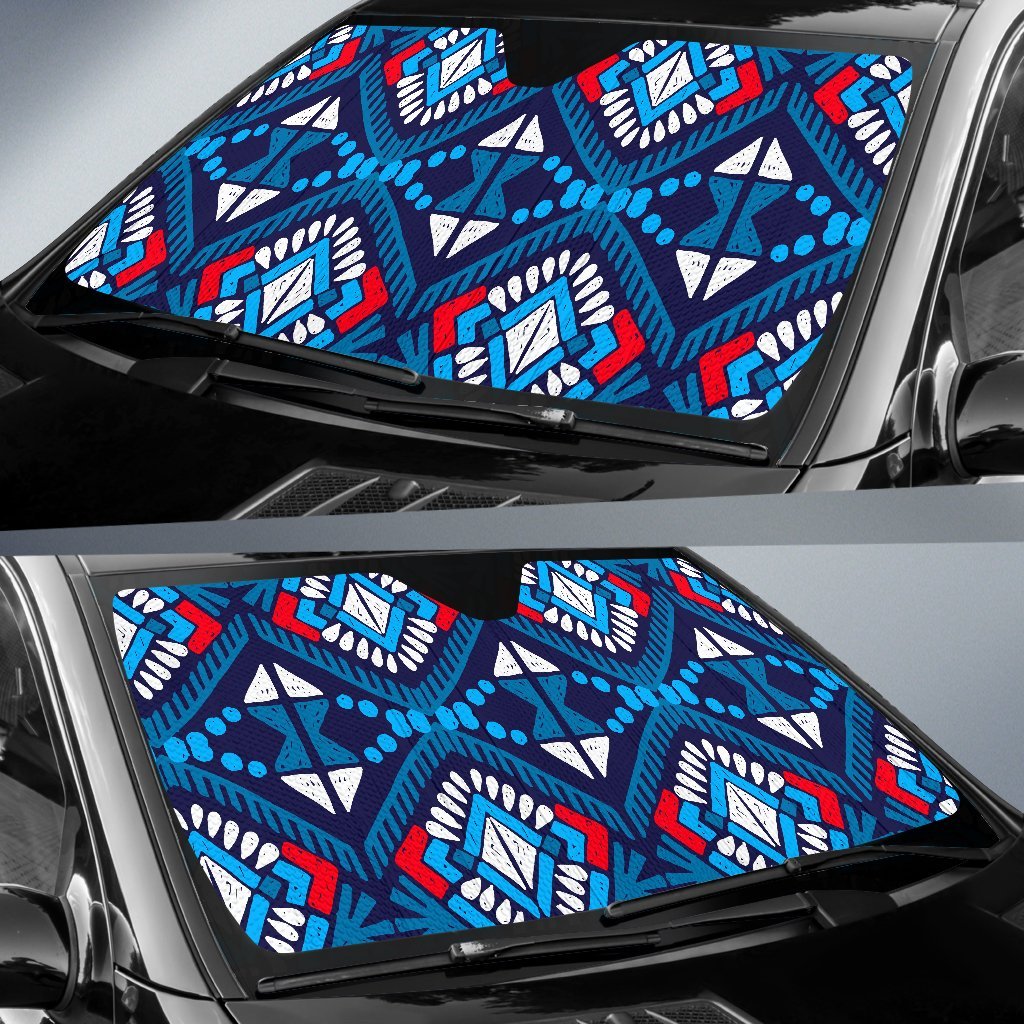 Blue And Red Aztec Pattern Print Car Sun Shade GearFrost