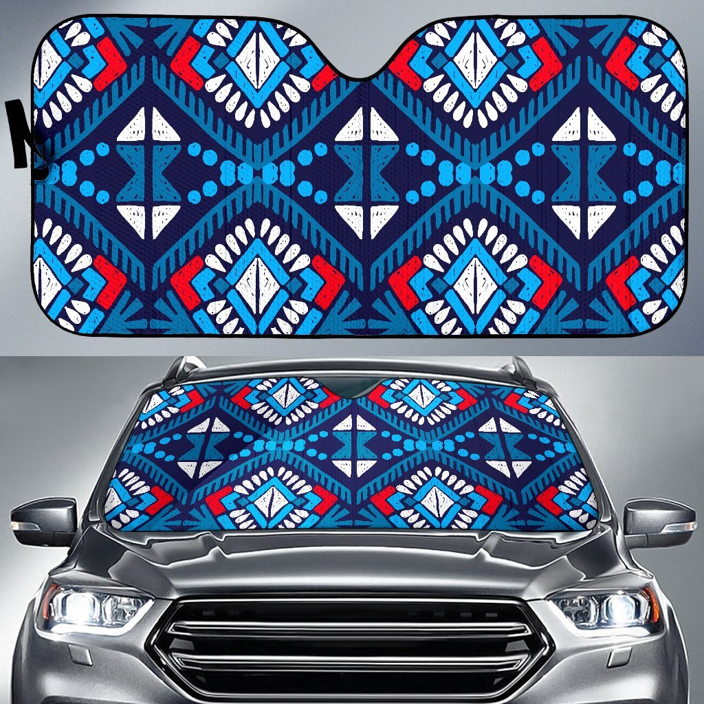 Blue And Red Aztec Pattern Print Car Sun Shade GearFrost