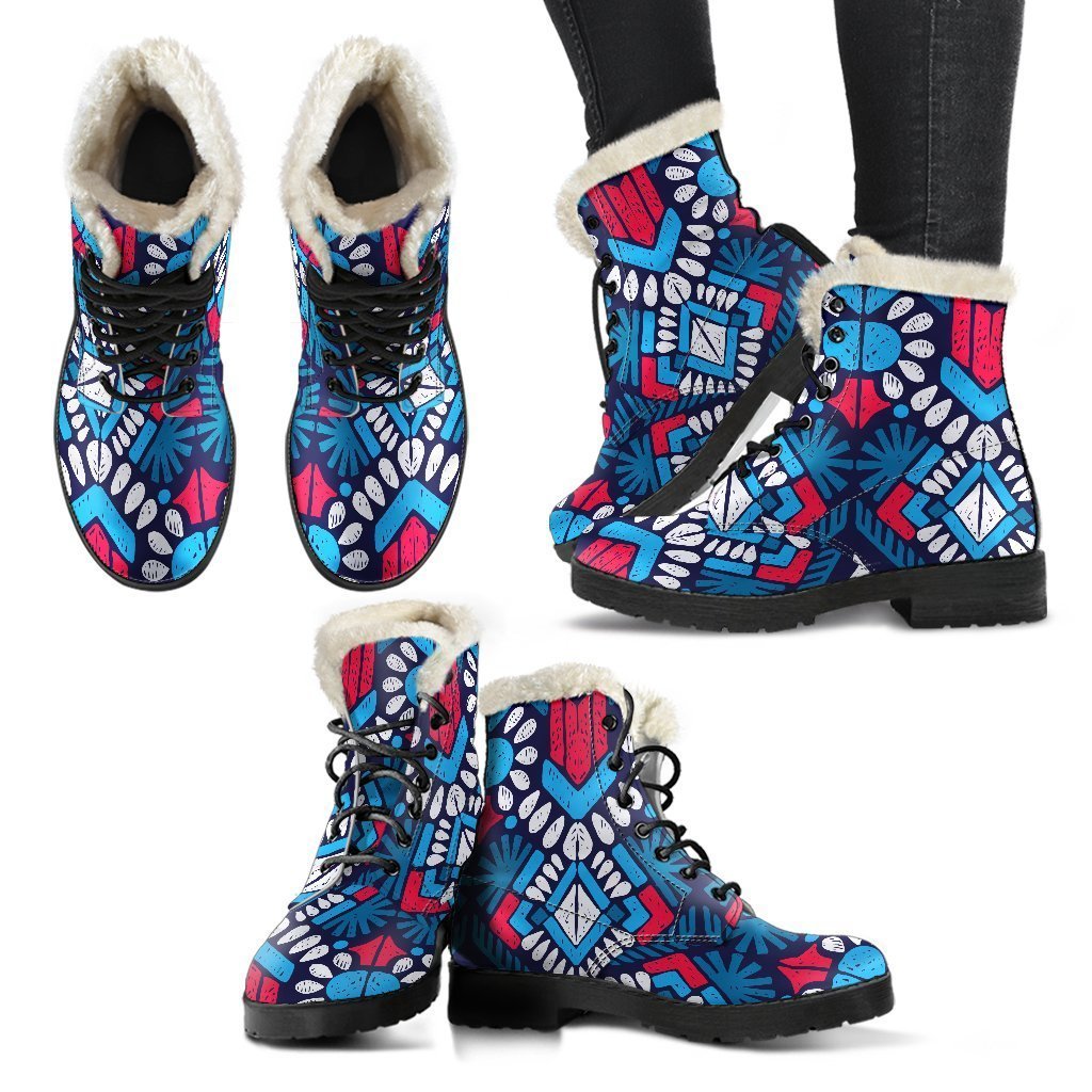 Blue And Red Aztec Pattern Print Comfy Boots GearFrost