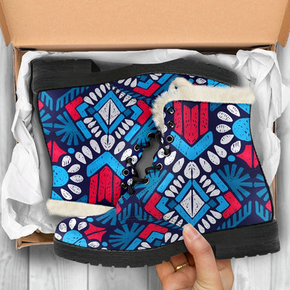 Blue And Red Aztec Pattern Print Comfy Boots GearFrost