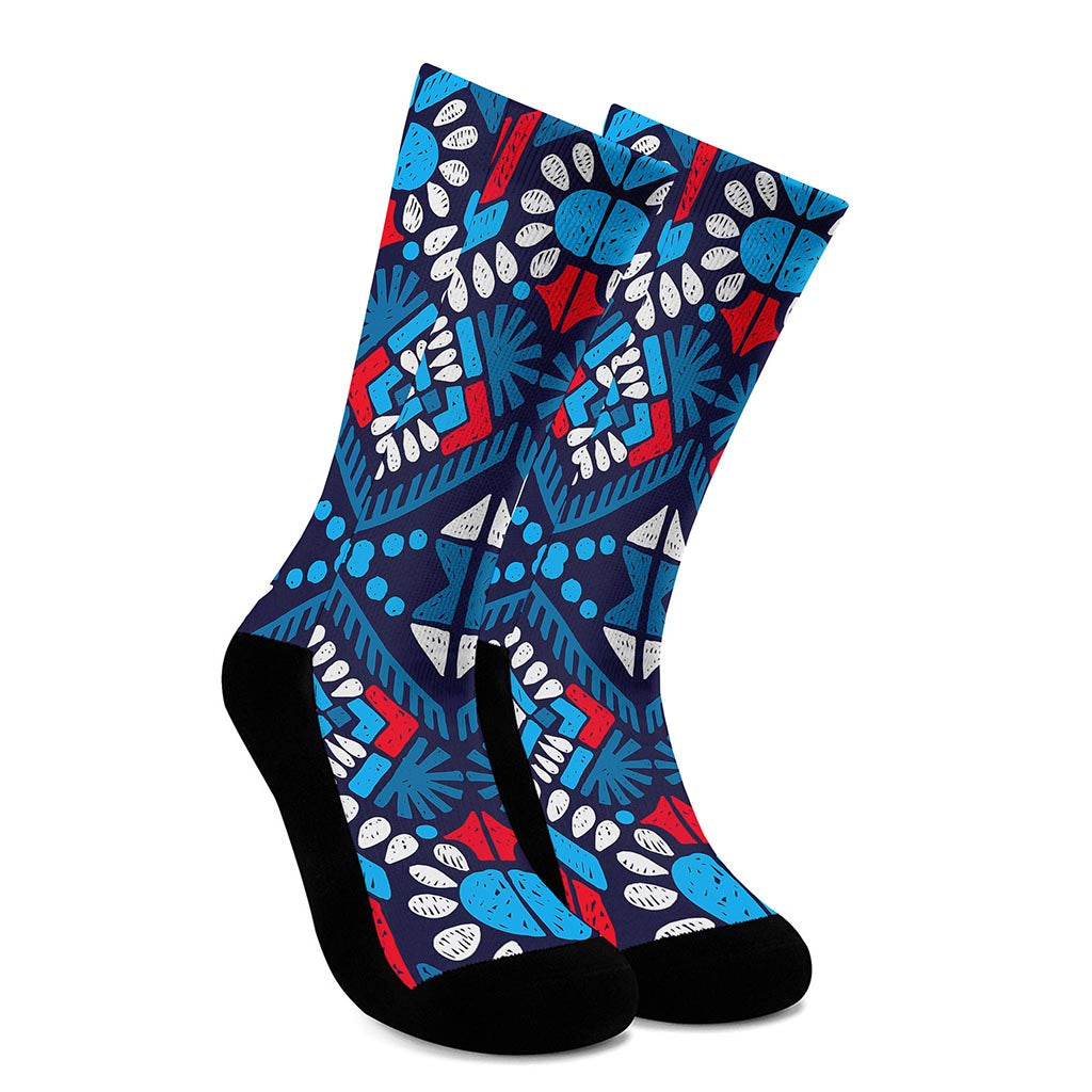 Blue And Red Aztec Pattern Print Crew Socks