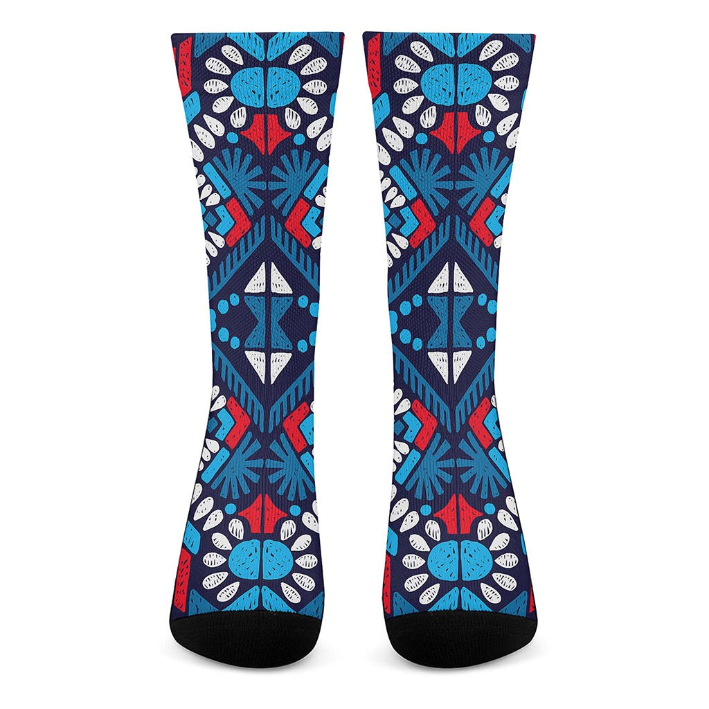 Blue And Red Aztec Pattern Print Crew Socks
