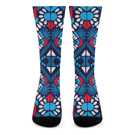 Blue And Red Aztec Pattern Print Crew Socks
