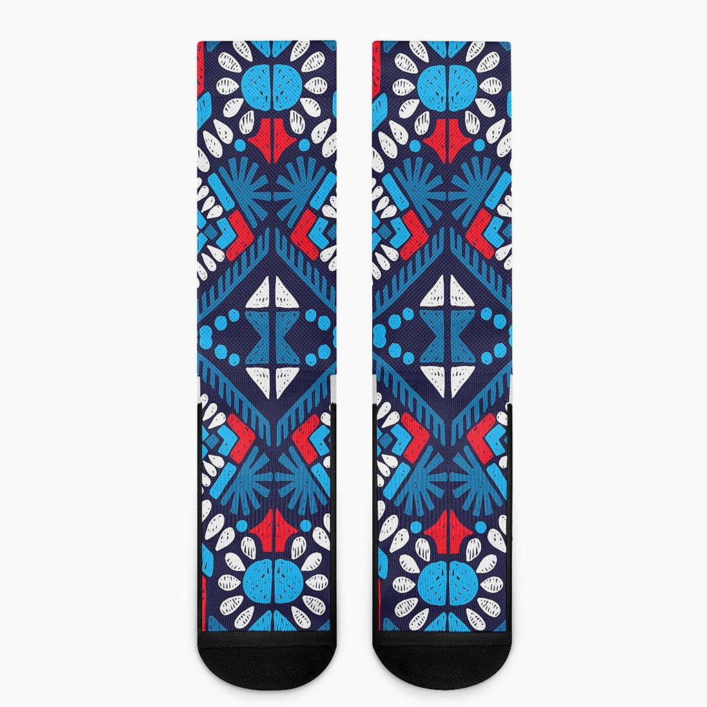 Blue And Red Aztec Pattern Print Crew Socks