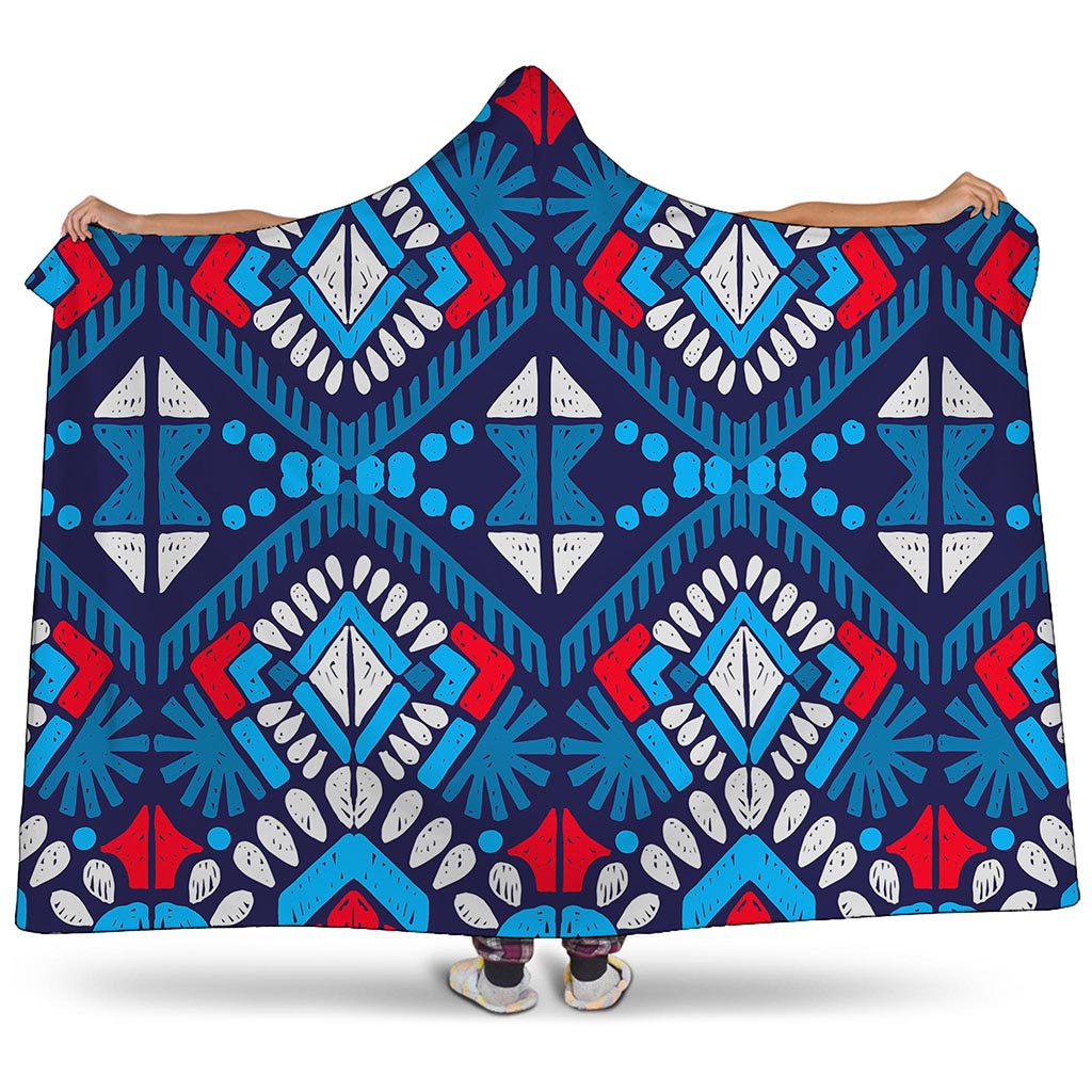 Blue And Red Aztec Pattern Print Hooded Blanket