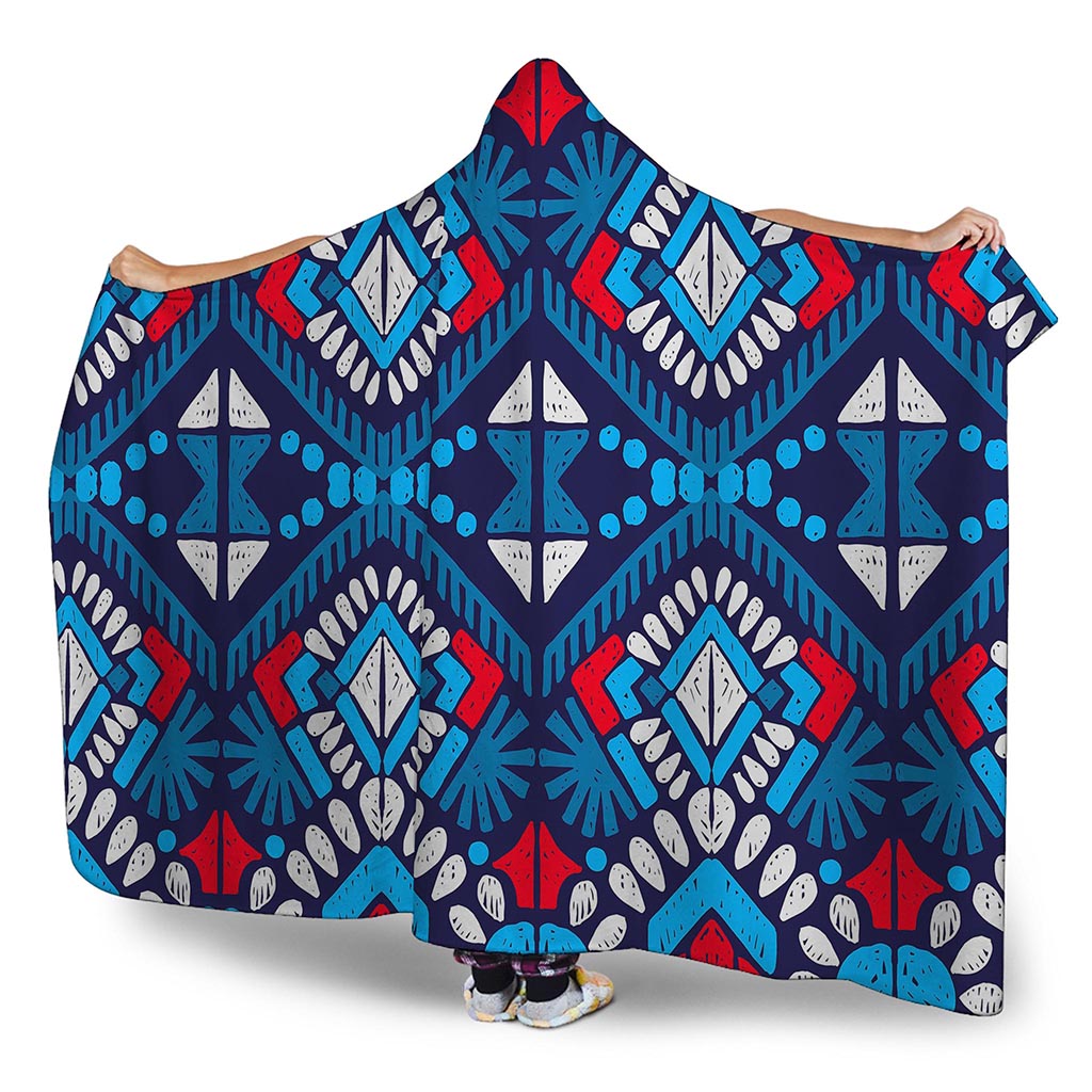 Blue And Red Aztec Pattern Print Hooded Blanket