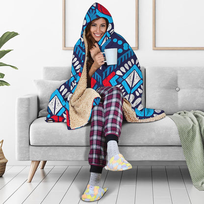 Blue And Red Aztec Pattern Print Hooded Blanket