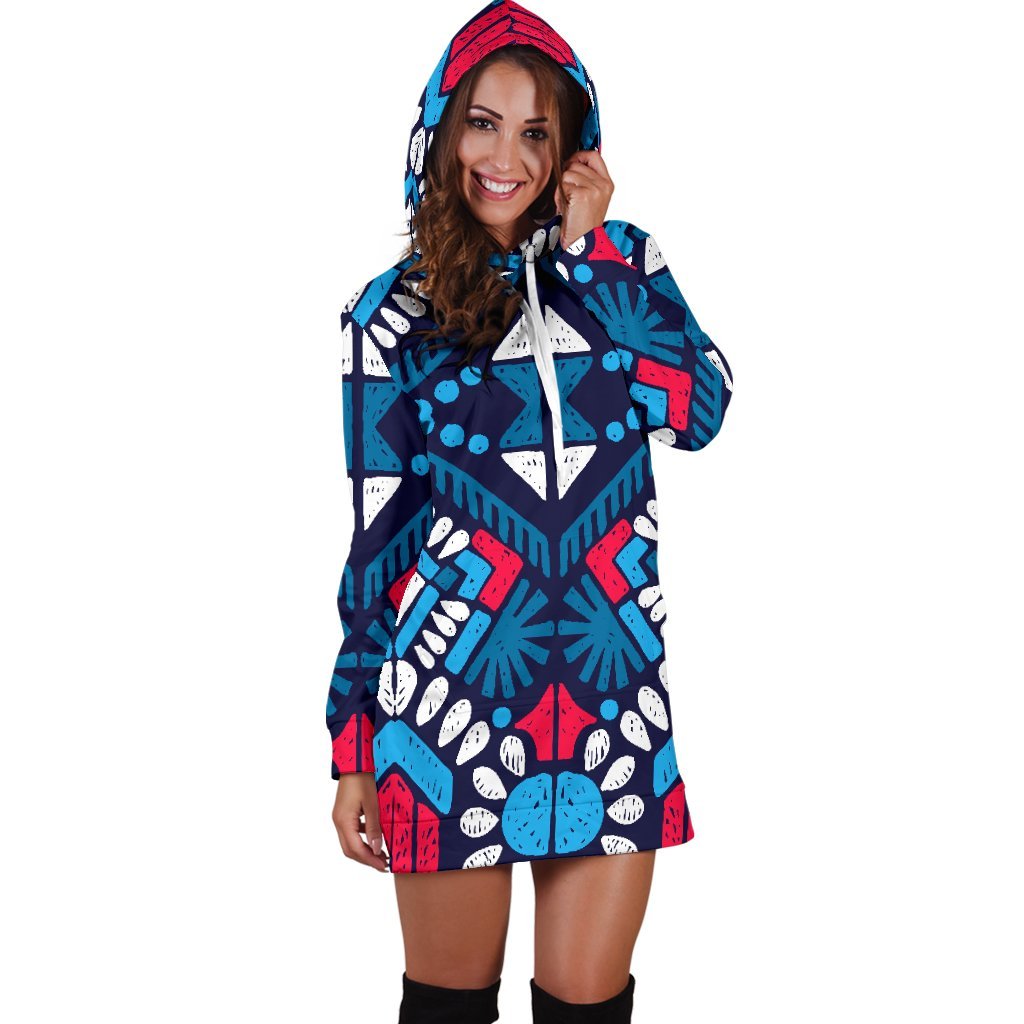 Blue And Red Aztec Pattern Print Hoodie Dress GearFrost